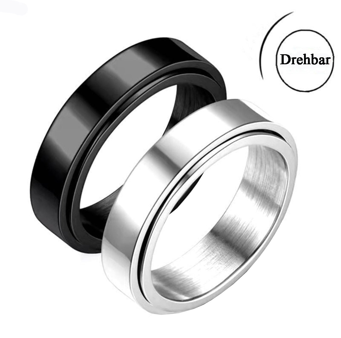 Ringe in Silber und Schwarz, welches als drehbar gekennzeichnet ist